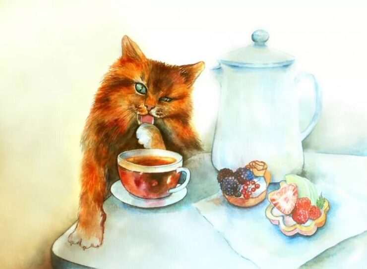 Открытки с добрым утром красивые с котиком. Котик и чай. С добрым утром котики. Чаепитие коты. Утро иллюстрация.