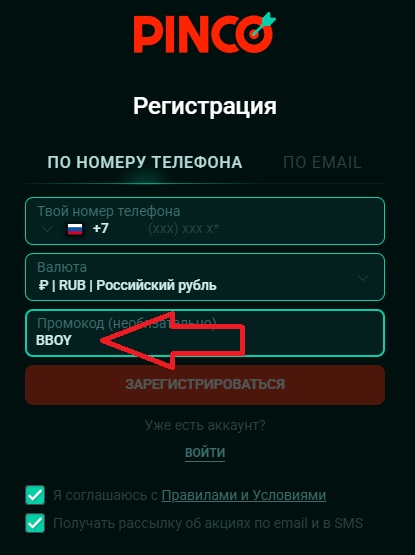 куда вводить промокод в Пинко
